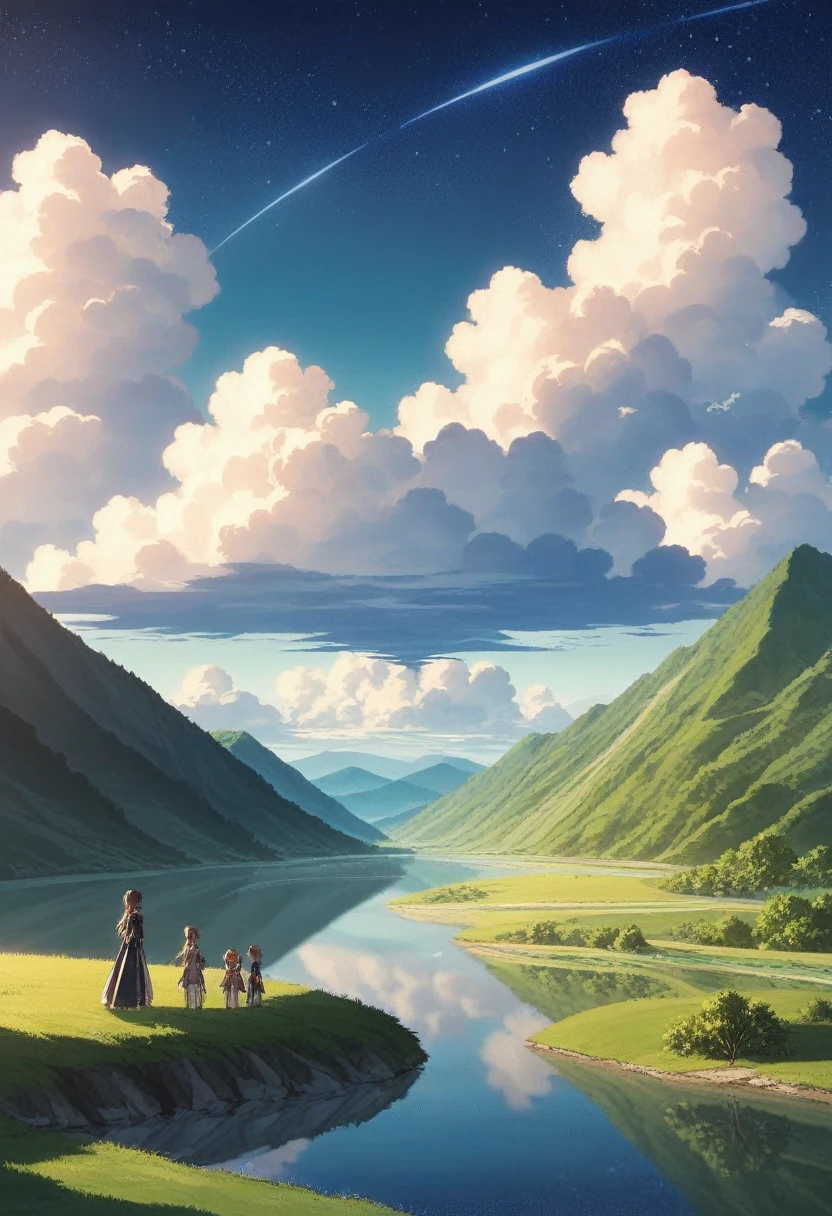 High quality masterpiece, landscape, cloud, Animated train passing over a body of water on distant tracks, Bright starry sky. Traveler, Romantic Light, Pixiv, Concept Art, Lofi Art Style, reflection. makoto shinkai, Roffie Art, Beautiful anime scene, アニメのlandscape, 詳細なlandscape — 幅 672, makoto shinkai's style, makoto shinkai's style, Enhanced Details.  
