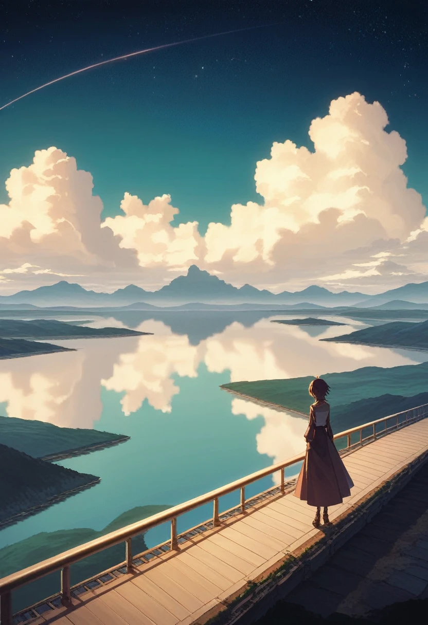 High quality masterpiece, landscape, cloud, Animated train passing over a body of water on distant tracks, Bright starry sky. Traveler, Romantic Light, Pixiv, Concept Art, Lofi Art Style, reflection. makoto shinkai, Roffie Art, Beautiful anime scene, アニメのlandscape, 詳細なlandscape — 幅 672, makoto shinkai's style, makoto shinkai's style, Enhanced Details.  