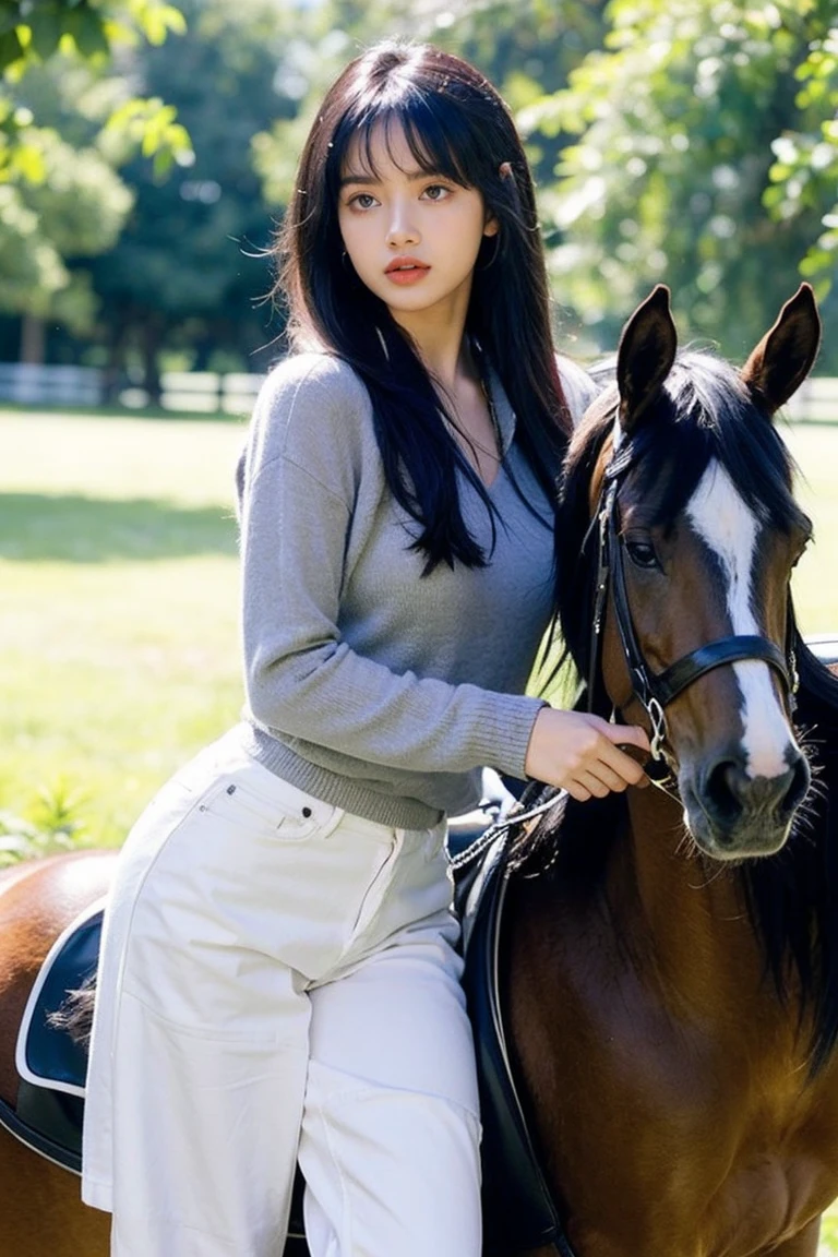 21yo girl, black hair, beautiful outfit, Horseback riding