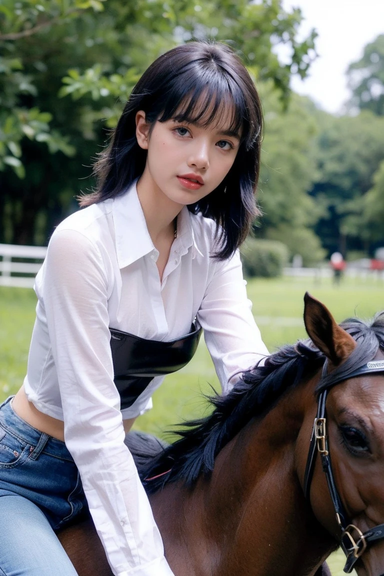 21yo girl, black hair, beautiful outfit, Horseback riding