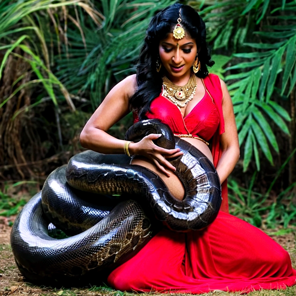 Pregnant Happy Horny, aroused 1girl), beautiful kneeling indian young teen belly dancer girl with giant colossal black titanboa squeezing her hard, wrapped in thick spiraling coils, constricted, struggle, gasping for air, snake attack, snake peril, moonless night, dim light