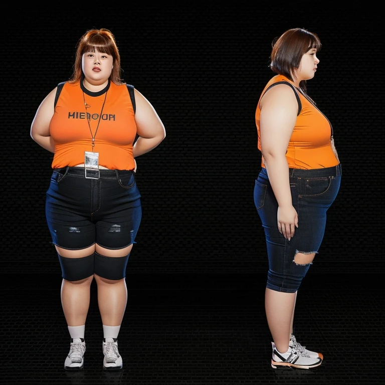 Araped woman wearing an orange shirt standing next to another woman wearing black shorts, Full body wide shot, full body photo, full body photo, Short and sturdy woman, The picture is large, fat ), full body photo, full body photo, full body image, overweight, full body shot, fat 여자, Overall - body and head view, an fat
