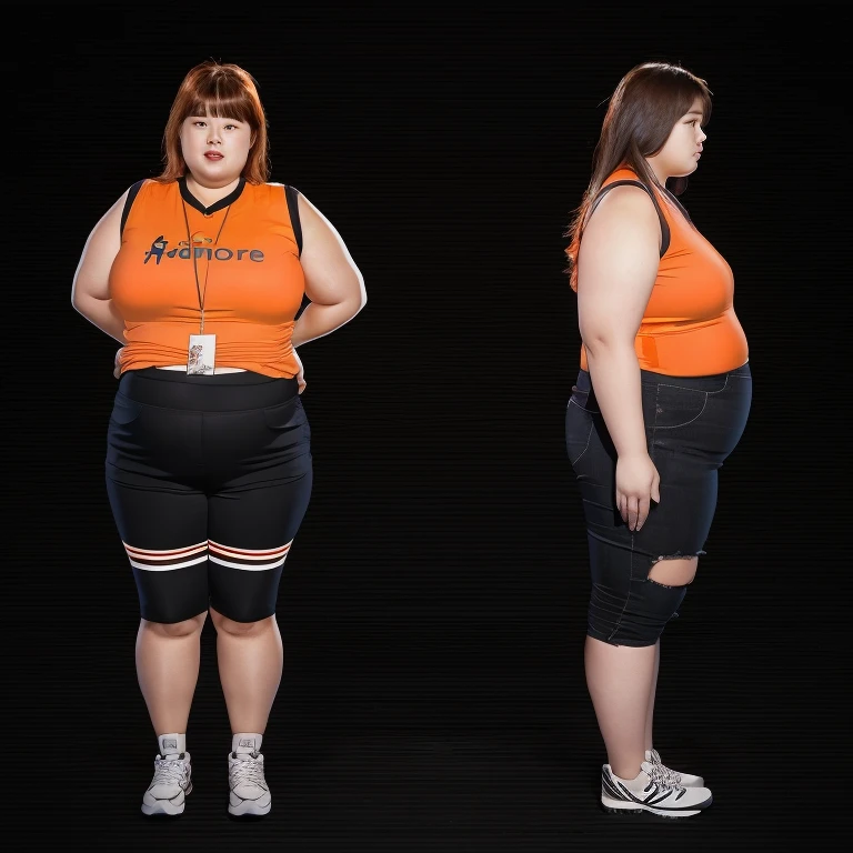 Araped woman wearing an orange shirt standing next to another woman wearing black shorts, Full body wide shot, full body photo, full body photo, Short and sturdy woman, The picture is large, fat ), full body photo, full body photo, full body image, overweight, full body shot, fat 여자, Overall - body and head view, an fat