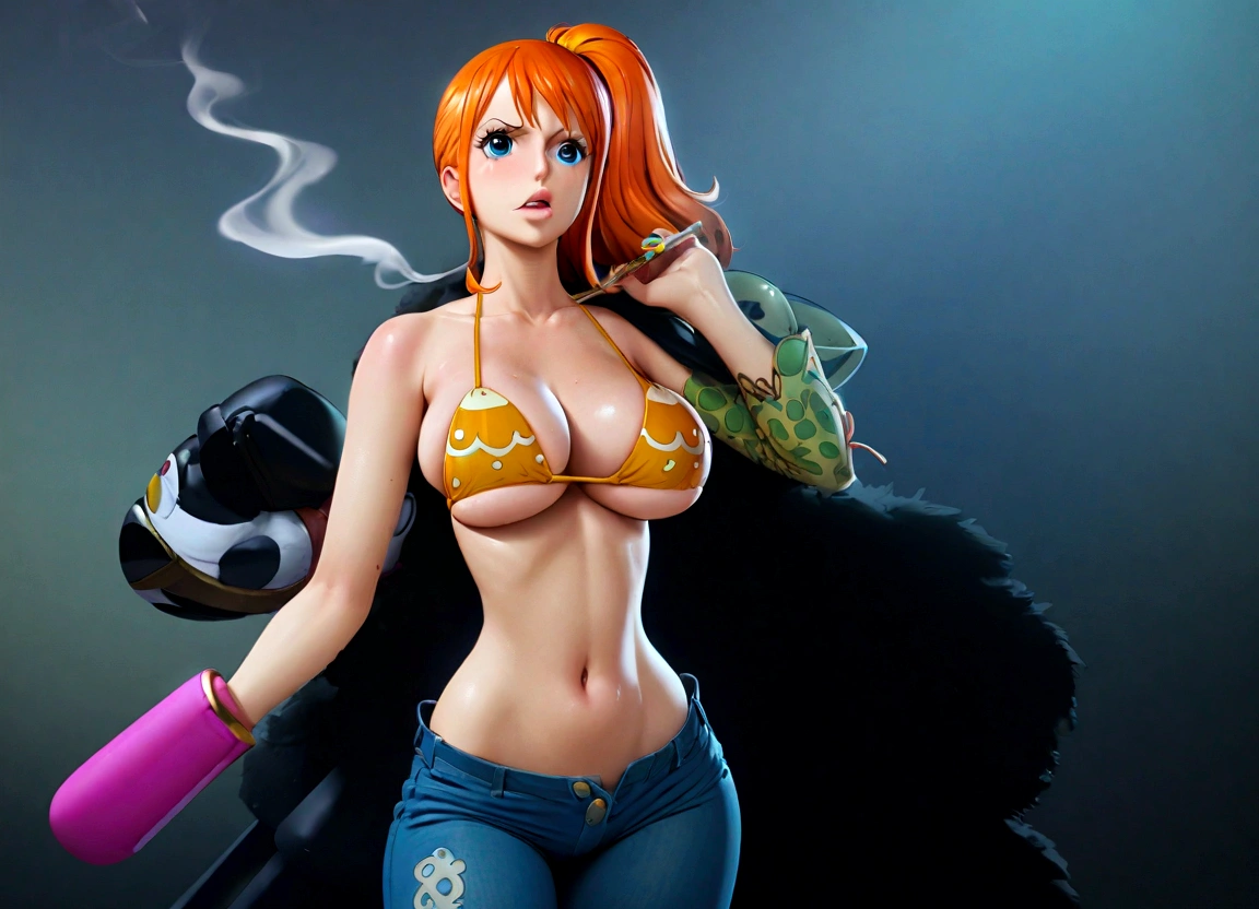 a cartoon picture of a woman in a bikini top and jeans, nami one piece, nami from one piece, nami, beautiful portrait of nami, from one piece, oppai, blue eyes, smoking, ponytail, nsfw