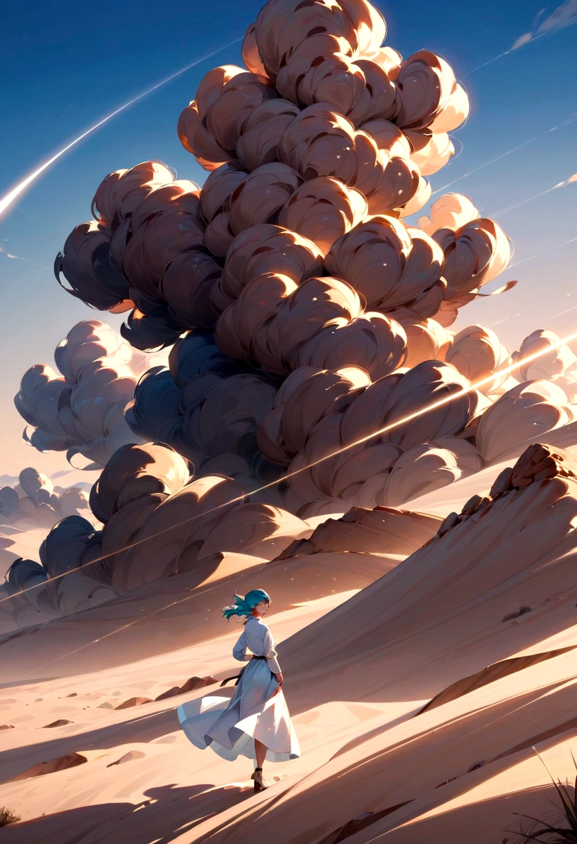 score_9, score_8_up, score_7_up, score_6_up, (High Detail:1.2) Anime Girl, (Cinematic Lighting, Delicate Colors), (Desert:1.2), Lighting Calm, Wind, Fog. Turquoise, delta tones.