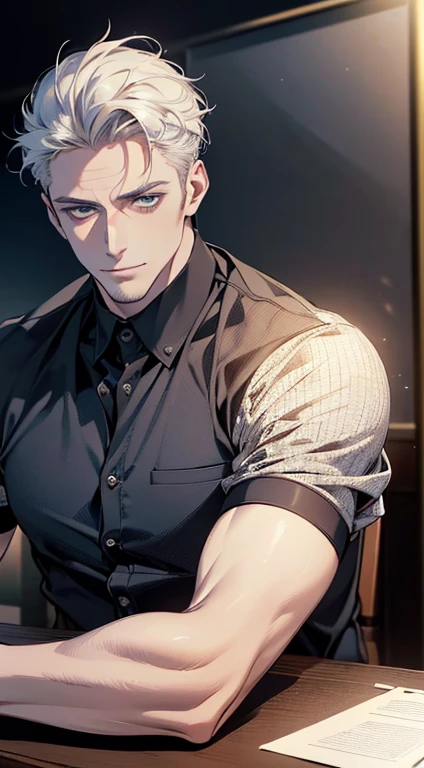 (best quality,4k,8k,highres,masterpiece:1.2),ultra-detailed,(realistic,photorealistic,photo-realistic:1.37),1 man,31 years old,mature man,very handsome,without expression,smile,short white hair,blue eyes,penetrating gaze,perfect face without errors,imposing posture,businessman,office background,cinematic lighting,hdr image