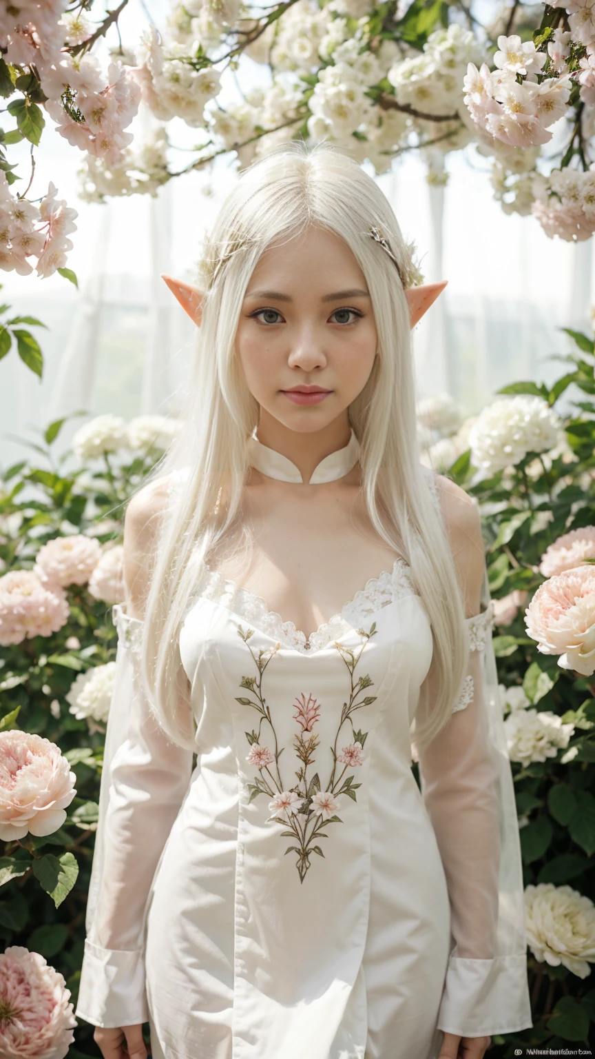 Female Elf,standในปราสาทเอลฟ์มีน้ำตก,stand,Long white hair with flowers on it,Beautiful white elf outfit,standในปราสาทหินปูนสีขาว,
