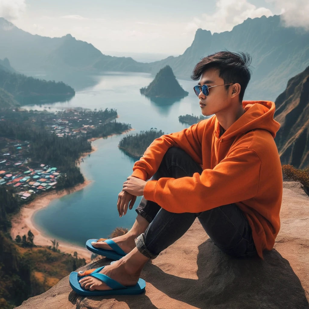 realistic photo, a 27 year old Indonesian man with a thin body, very short hair, wearing an orange hoodie, wearing long black jeans, wearing blue flip-flops, wearing sunglasses, sitting sideways on the edge of a cliff, you can see a mountain, beautiful lakes and natural views, daytime atmosphere