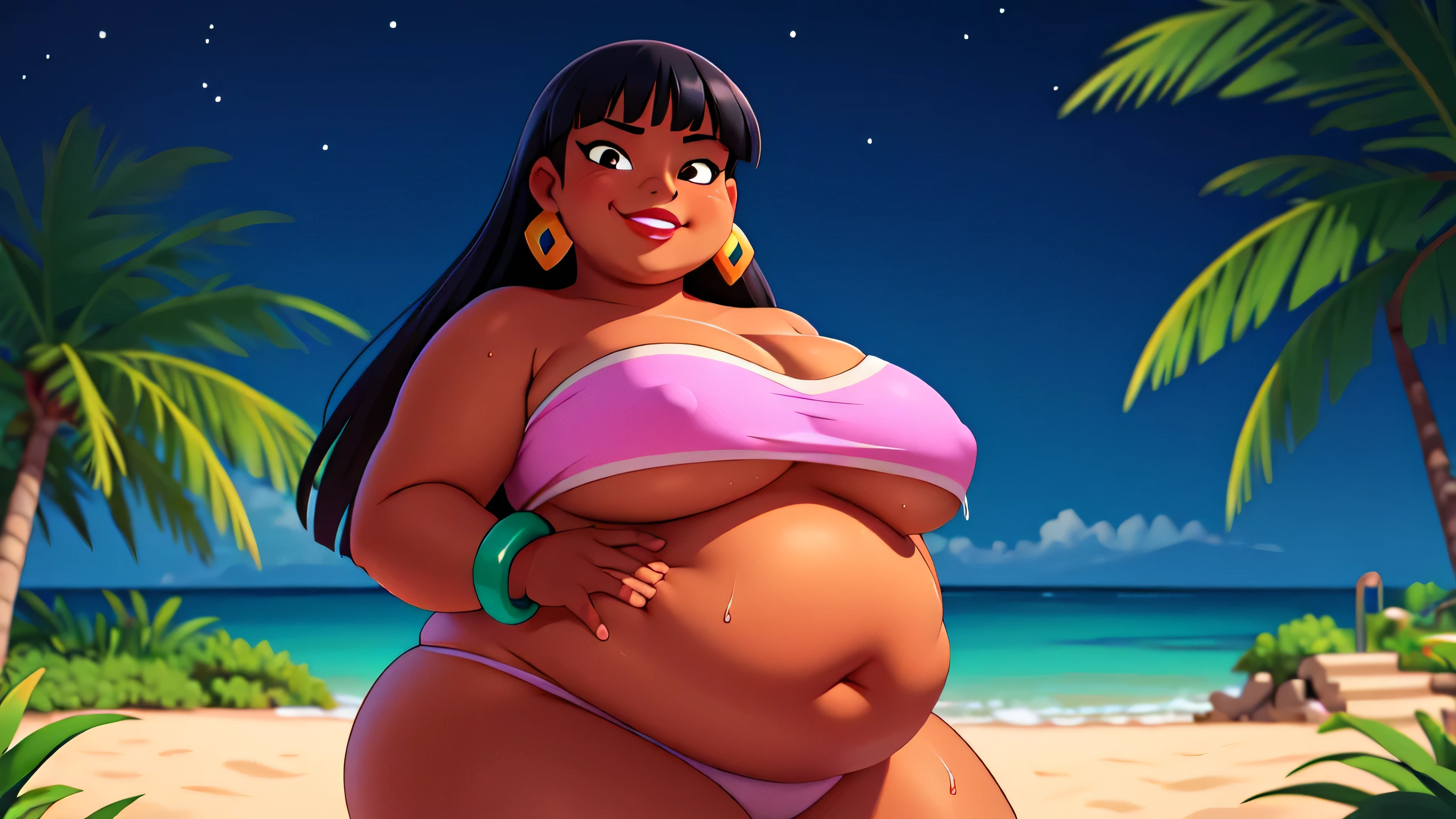 (work of art:1.2, best qualityer:1.2), SSBBW, Giant breasts, thunder thighs, soft ambient lighting, perfect lighting, 1 girl, standing alone, Chel, Bblack hair, long hair, rhombus stripe, eyes browns, darkskin, lipstick, breasts big, Broad Hips, top of the tube, neckleace, bared shoulders, emerald earrings, emerald bracelets, looking at the camera with a smug expression on his face, beach background, very large body, fat belly rolls, big breasts, sexy smile, fat arms, thunder thighs, super fat, looking at viewer, wet clothes, sweating very hard, sexy looking, blob, night beach, céu estrelado, night