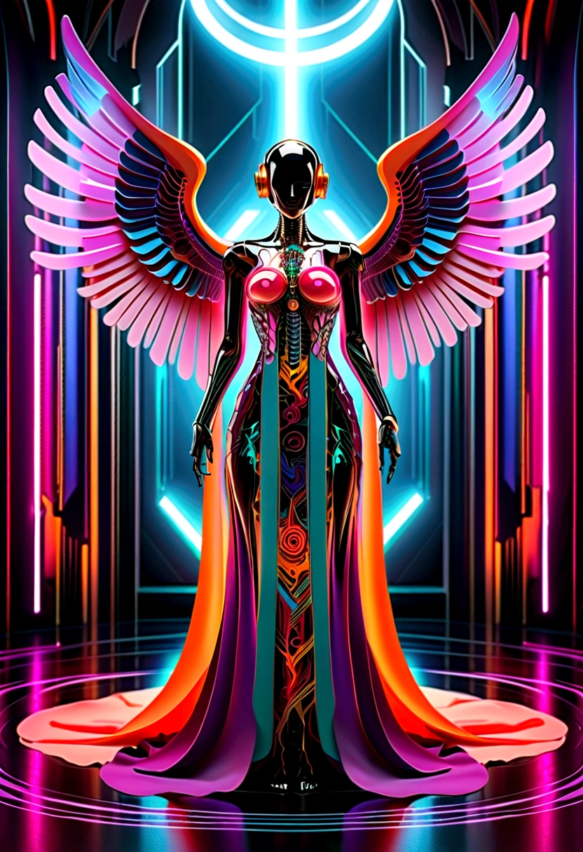 Intricate 3d rendering ultra-detailed beautiful angel of death, biomechanical robot, Futuristic Room, Colorful transparent robe