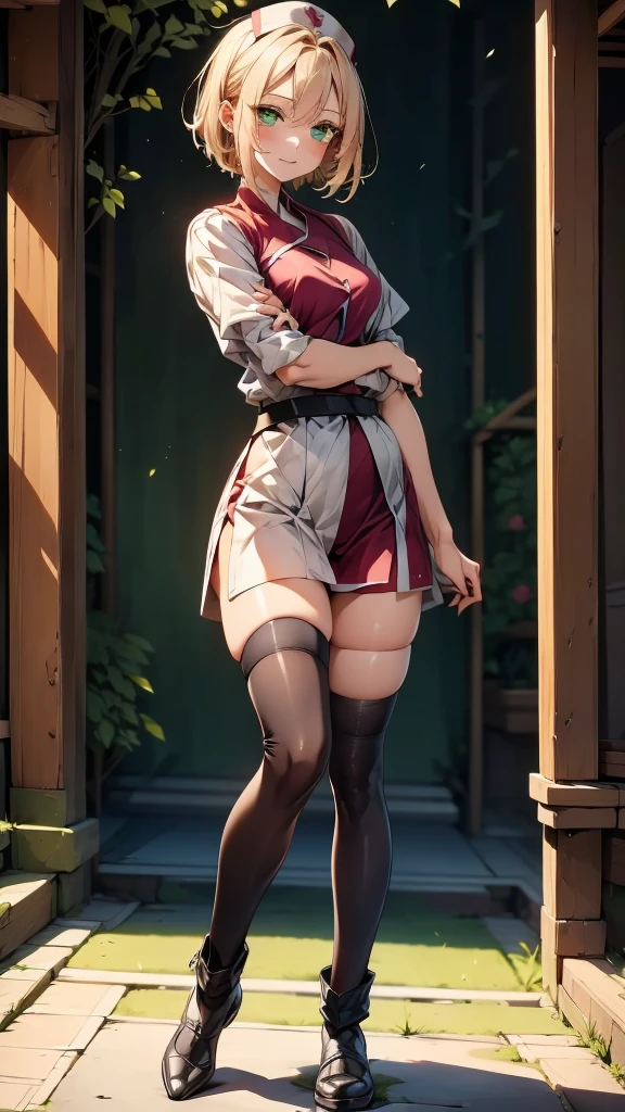 Sskuraharuno with short hair, green eyes,with nurse outfit, with long white thigh high stockings,with tall black sapos with full body