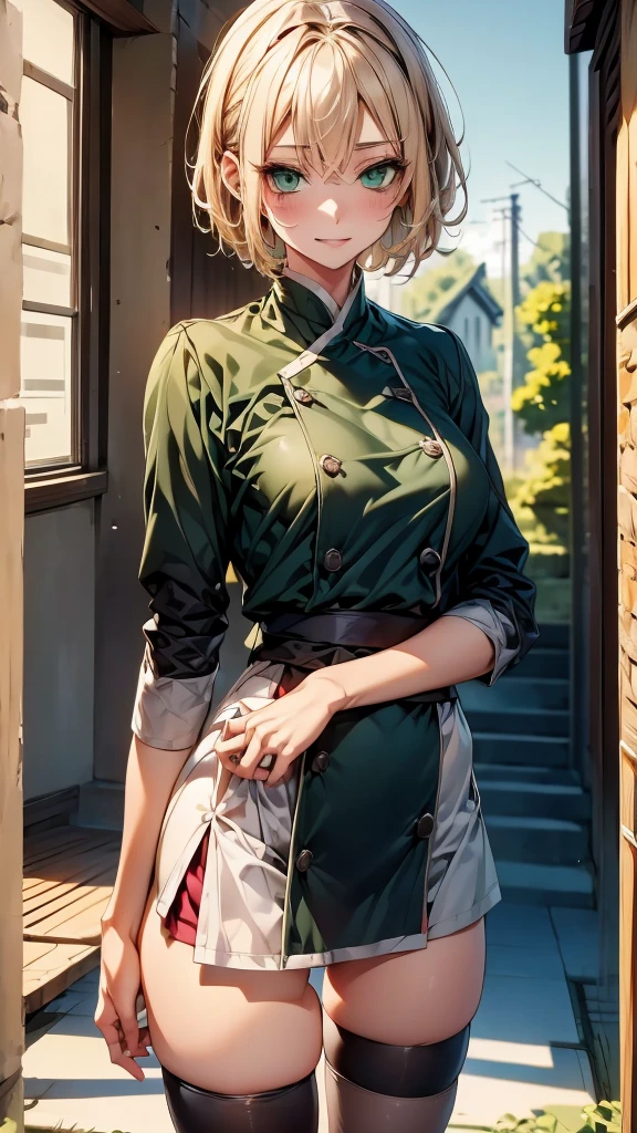 Sskuraharuno with short hair, green eyes,with nurse outfit, with long white thigh high stockings,with tall black sapos with full body
