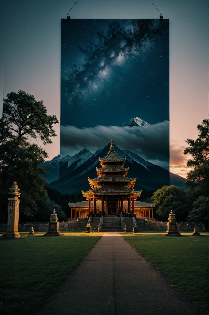 Create a poster background for my film add mountains, trees, night flies mysterious temple