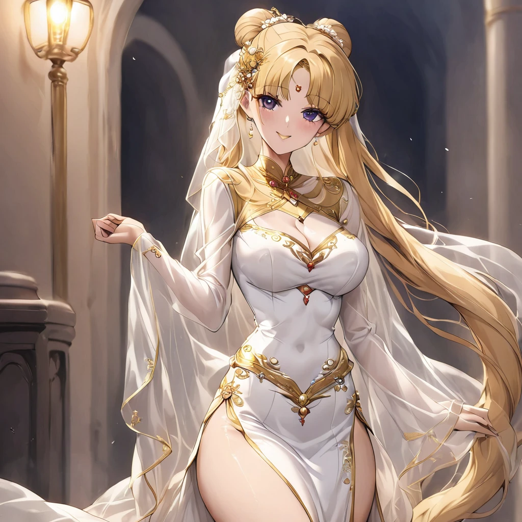 ((Highest quality)), ((masterpiece)), (detailed), （Perfect Face）、The woman is wearing a gorgeous, glittering, long-slit, gold-colored see-through Chinese dress with gold embroidery, a gold-colored veil, and a gold-colored see-through cape, as well as luxurious jeweled accessories.、The woman is the elegant Tsukino Usagi, with long blonde hair in a chignon twin tail.