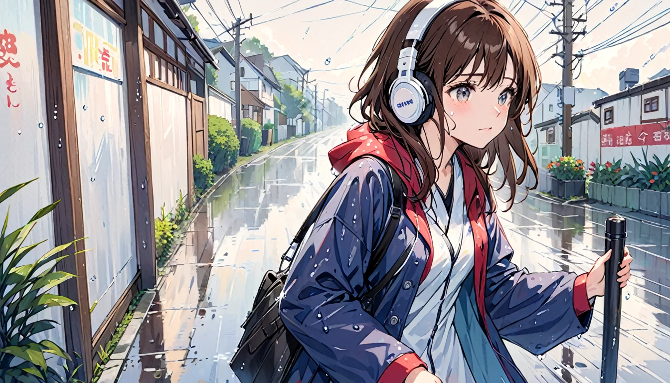 Girl wearing headphones,Brown Hair,One girl,Wet day,