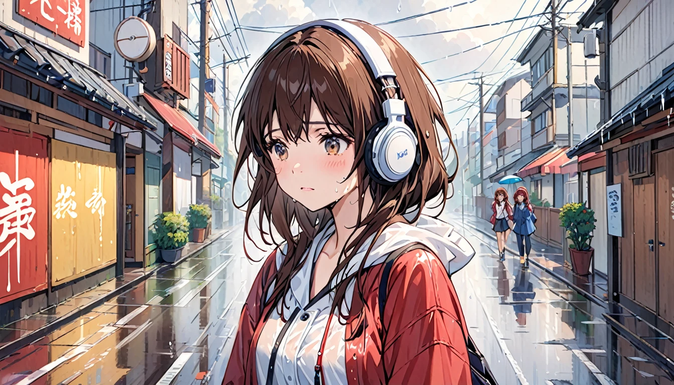 Girl wearing headphones,Brown Hair,One girl,Wet day,