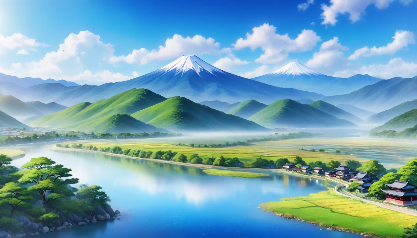 Japanese countryside,Mountains and Rivers,Summer sky,Blur the background,Glitter effect,Highest quality, 8K, High resolution, masterpiece:1.2, Very detailed, Realistic:1.37, High resolution, 超High resolution, Ultra-fine painting, Very detailed, Professional, Vibrant colors