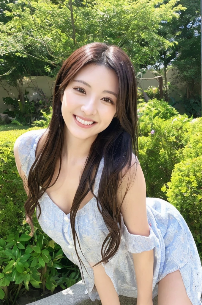 Minami Hamabe,(highest quality,16k,High resolution:1.2),Dark brown long hair,Girls in their 20s,Very detailed,One Girl,A beautiful 26 year old woman,(Minami Hamabe:1.3),(smile),garden,(high quality,ultra detailed,best quality,masterpice,4k,taken by nikon d750:1.0)