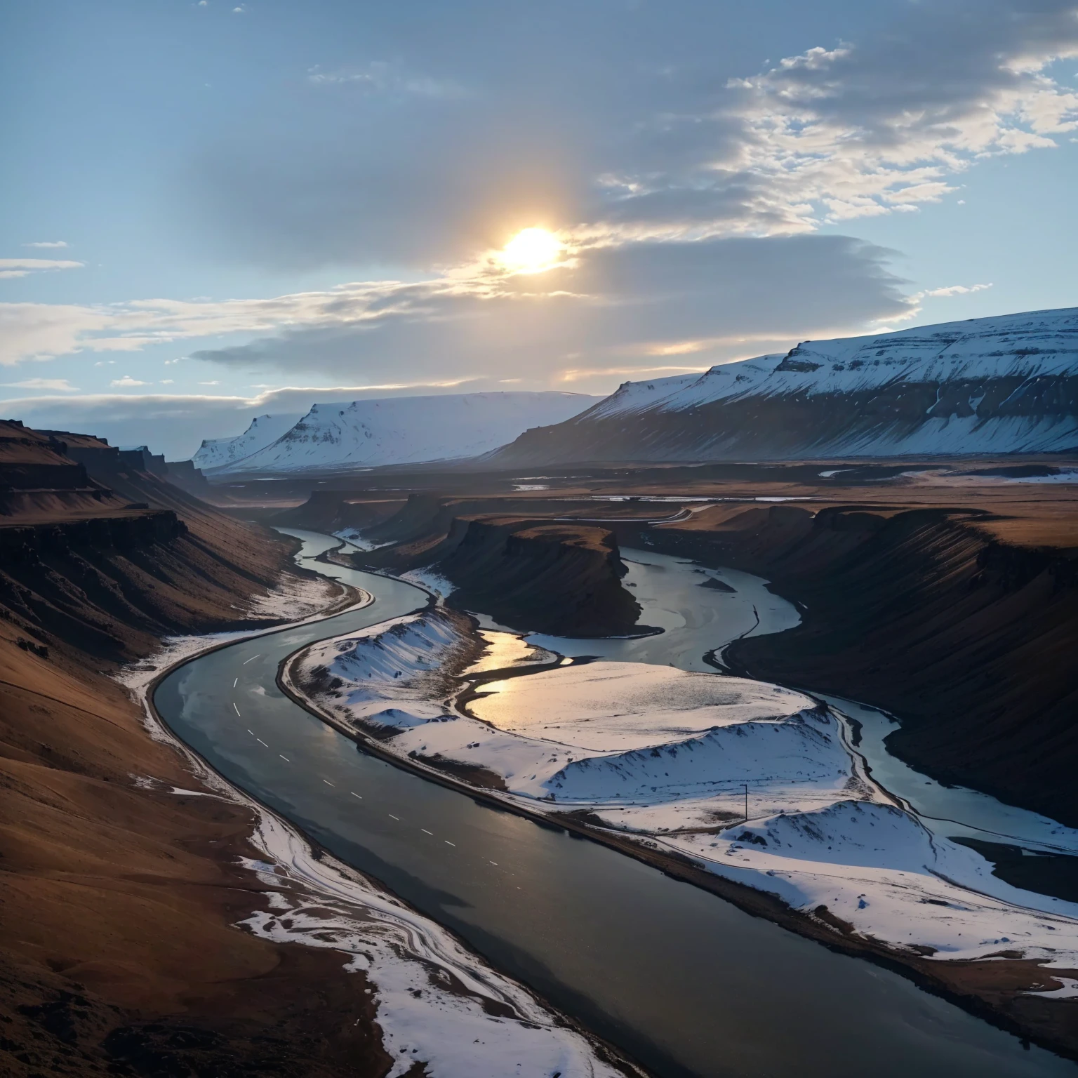 Arav view of a road with a river crossing, iceland photography, Shot with iPhone 1 3 Pro max, Shot with iPhone 1 3 Pro, Shot with iPhone 1 3 Pro, The river is flowing, Shot with iPhone 14 Pro, By Muggur, Post-processing, Snow canyon at dawn, Sunset in the valley, Post-Processing