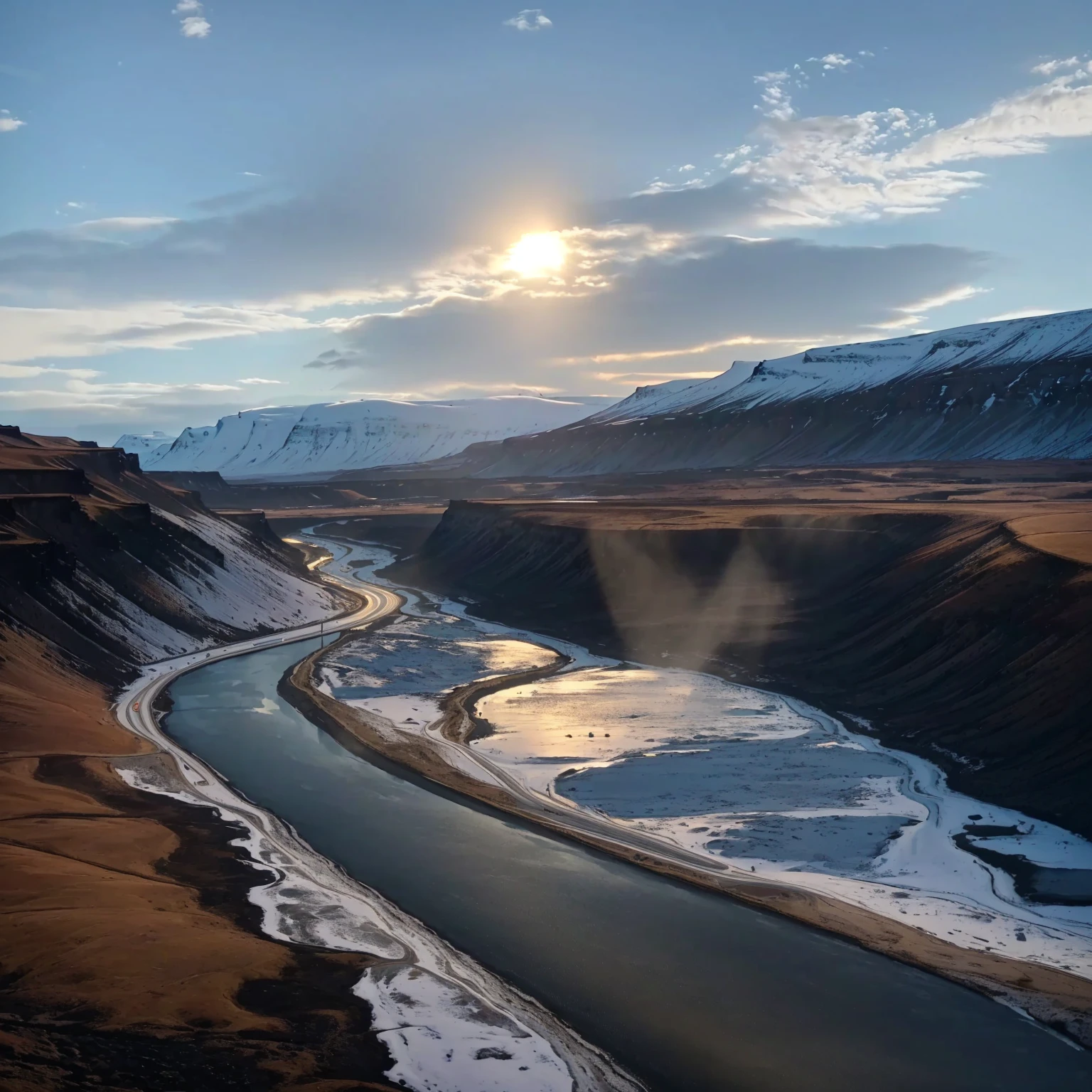 Arav view of a road with a river crossing, iceland photography, Shot with iPhone 1 3 Pro max, Shot with iPhone 1 3 Pro, Shot with iPhone 1 3 Pro, The river is flowing, Shot with iPhone 14 Pro, By Muggur, Post-processing, Snow canyon at dawn, Sunset in the valley, Post-Processing