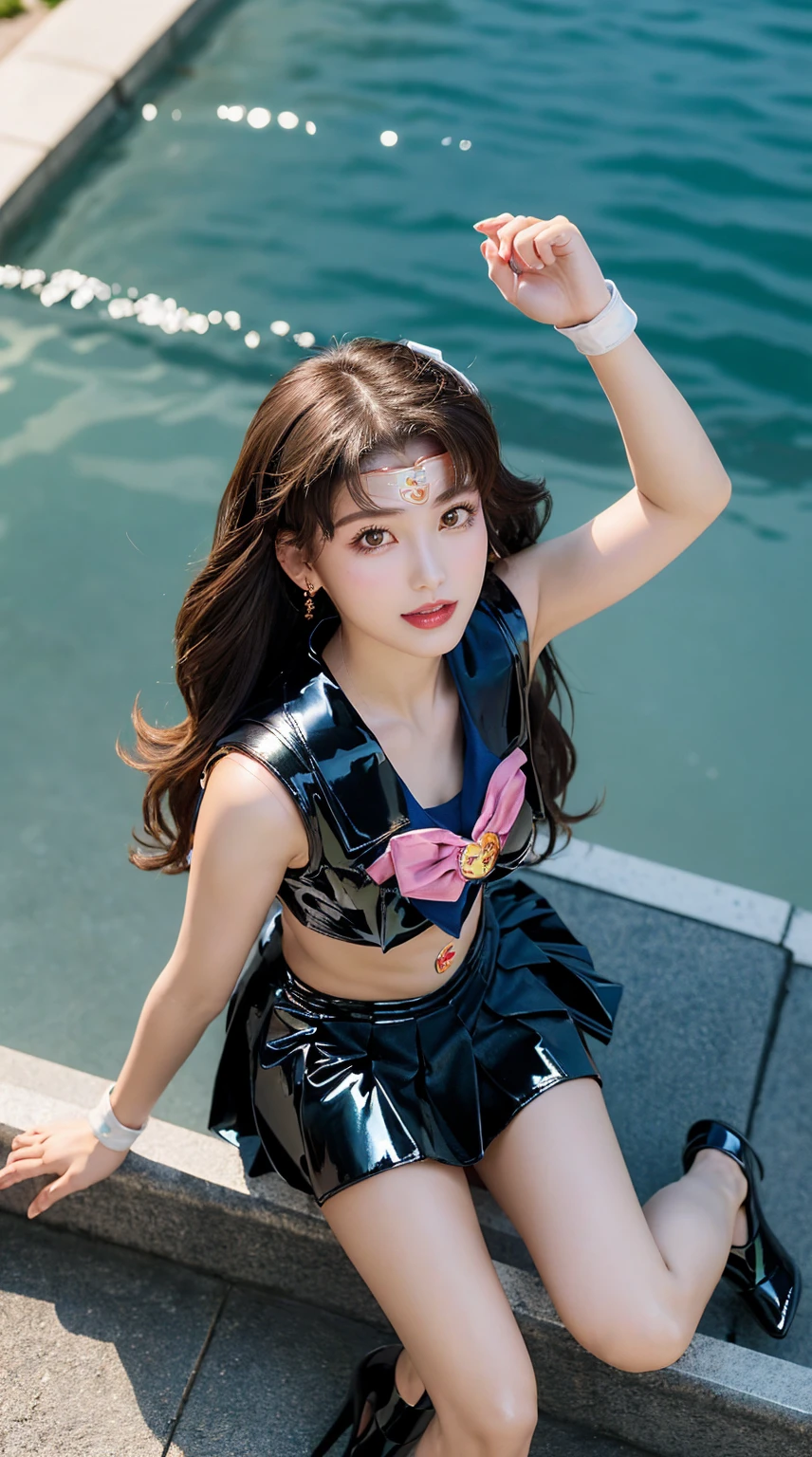 highest quality、table top、8k、best image quality、Award-winning work)、one beautiful woman、radiant beautiful skin , masterpiece、top-quality、The ultra -The high-definition、depth of fields、lens flare 1 girl、brown hair, watching at viewers glares, large breasts ( high heels), perfect legs, model pose, view from below, smiling ,
(Beautiful girl Sailor Moon 2:1.7)、MoonWild Rabbit、(Body Fit Sexy Sailor Warrior Uniform:1.4)、(Shiny latex:1.7)、(The jacket is a white sleeveless sailor suit....:1.4)、(Skirt Blue Sexy Ultra Ultra Pleated Mini Skirt:1.4)、The sailor suit collar has two thin blue lines...............:1.2、High leg swimsuit、Red cloth decoration on chest:1.2