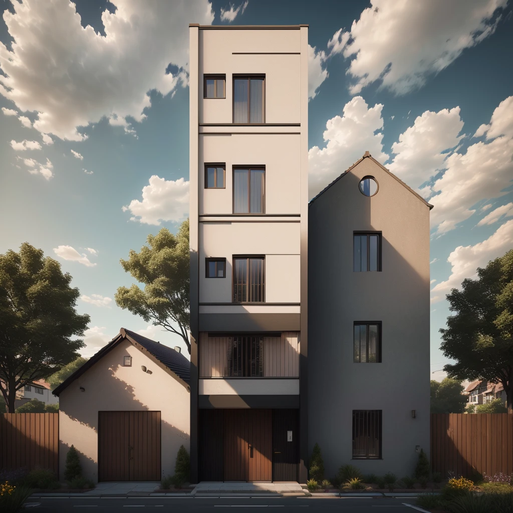Townhouse in city, daylight,warm light, (sharp focus) front view of townhouse in style of modern, morden architecture ,mutual colours, soft lighting, warm atmosphere,high Resolution, hyper detailed,8k, hdr, ,vray render, hyper realistic,exterior design , professional photography, exterior photography,wide-angle shot , ultra detail, real world location, road sign, cityscape, pavement, ground vehice, cloudy sky. doors and windows are made by Xingfa.s , ivys, palms. black iron frame. wooden ceiling,  fence walls is made by black stone