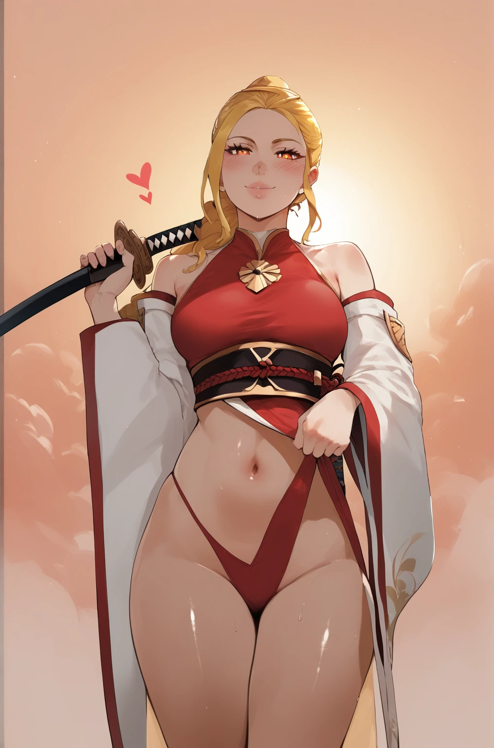 score_9, score_8_up, score_7_up, score_6_up, uncensored, KamiuntenMira, long hair, yellow hair, orange eyes, naughty face, shiny skin, sweating, BREAK (masterpiece:1.2), best quality, high resolution, unity 8k wallpaper, (illustration:0.8), (detailed eyes:1.3), perfect lighting, extremely detailed CG, (perfect hands, perfect anatomy), hearts, pleasured, sword, holding, solo, wide_sleeves, 1girl,  holding_sword, bare_shoulders, detached_sleeves, looking_at_viewer, long_sleeves, standing, breasts, floating_hair, sunset, katana, cowboy_shot, cloud, midriff, medium_breasts, 