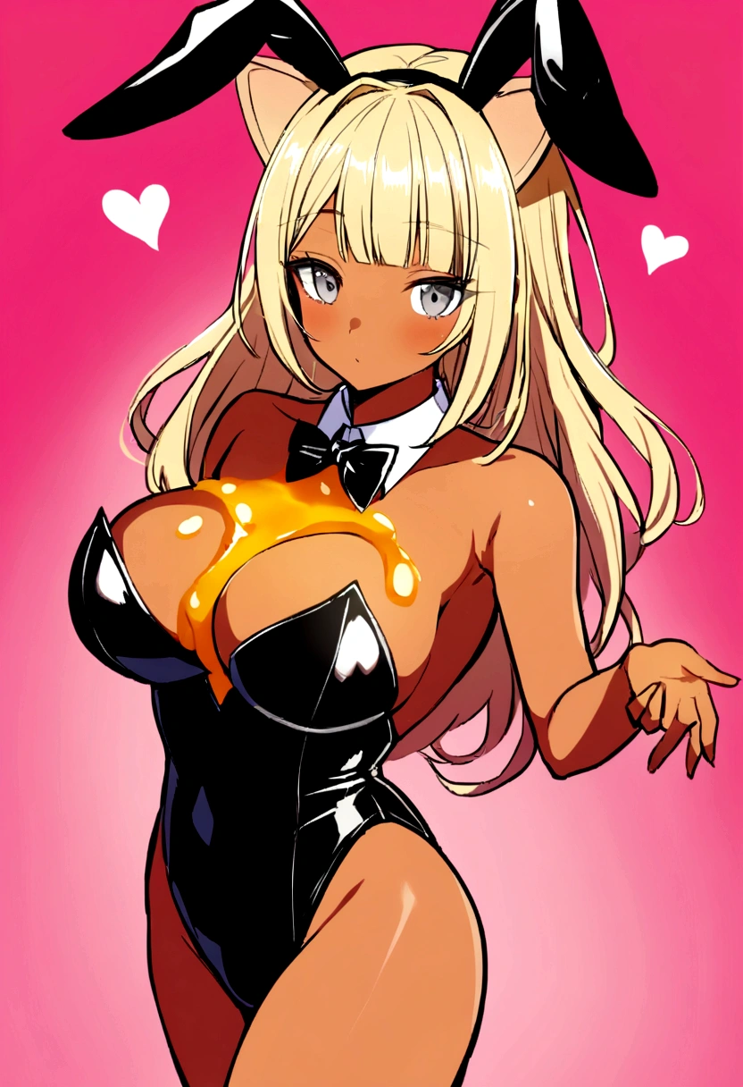 1WOMAN, Solo, One pretty black woman with light, tan skin. Large breasts. Pale blonde hair with honey blonde cat ears. Sexy, grey eyes with hearts in them. Flowy Blonde hair with bangs, while in a playboy bunny costume. Her hair is flowing behind her. The background is a pink background.