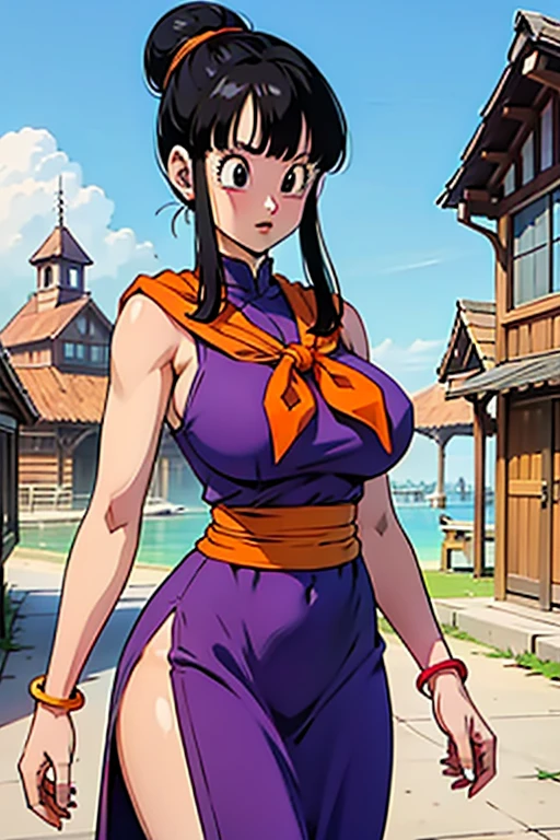 (masterpiece), (best quality), high resolution, Extremely detailed, Perfect body, 1 Girl, village, Kiki_Dragon Ball, Large Breasts, Purple dress, Orange scarf, ,(((Full and soft breasts,)))(((Huge breasts))) (((Cleavage))) (Perfect curvy figure),