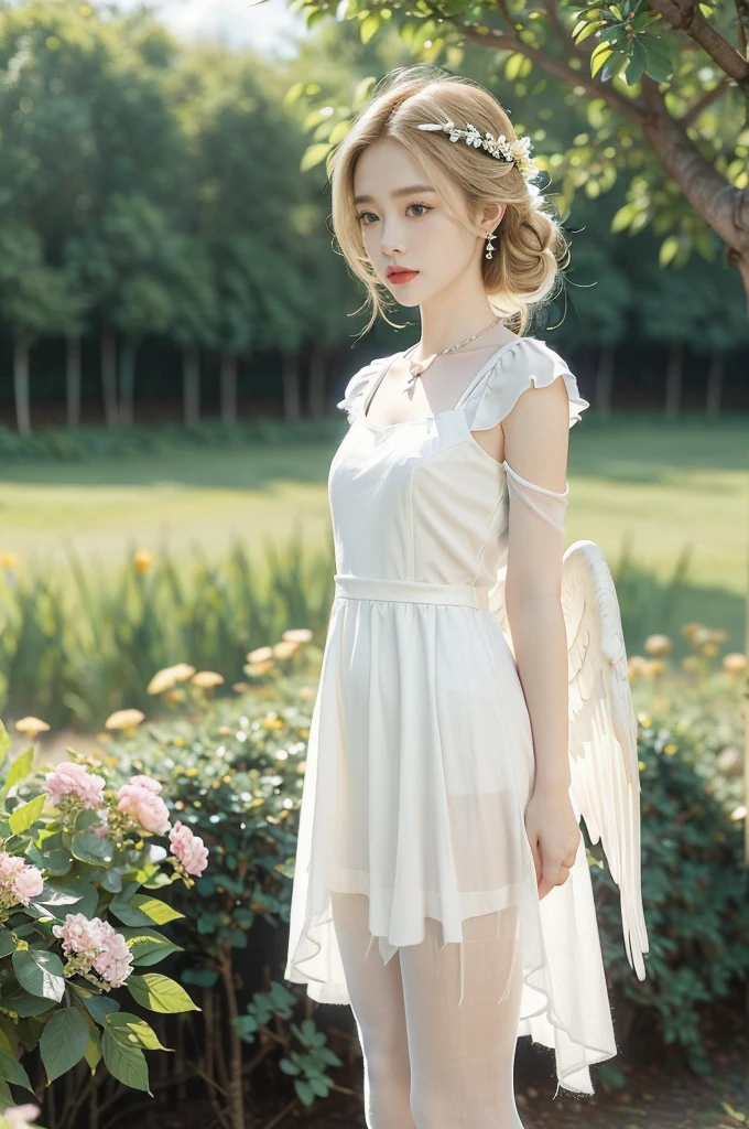 (((best quality))), (((ultra detailed))), (((masterpiece))), illustration,((1 beautiful little girl,solo,angel)),((fair skin,shoulder length straight blonde hair,blue eyes)),(earrings,crystal necklace),((slim,thin,small breasts,flat chest)),joyful expression,(white wings:1.3),(flowing short-sleeved white sheer dress:1.3),((In heaven, garden setting)), vibrant flowers,(colorful flowers:1.3),lush grass, gentle breeze, (clear sky, fluffy clouds, shining sun),((from front,standing,upper body,arms behind back)),((slender legs,pantyhose))