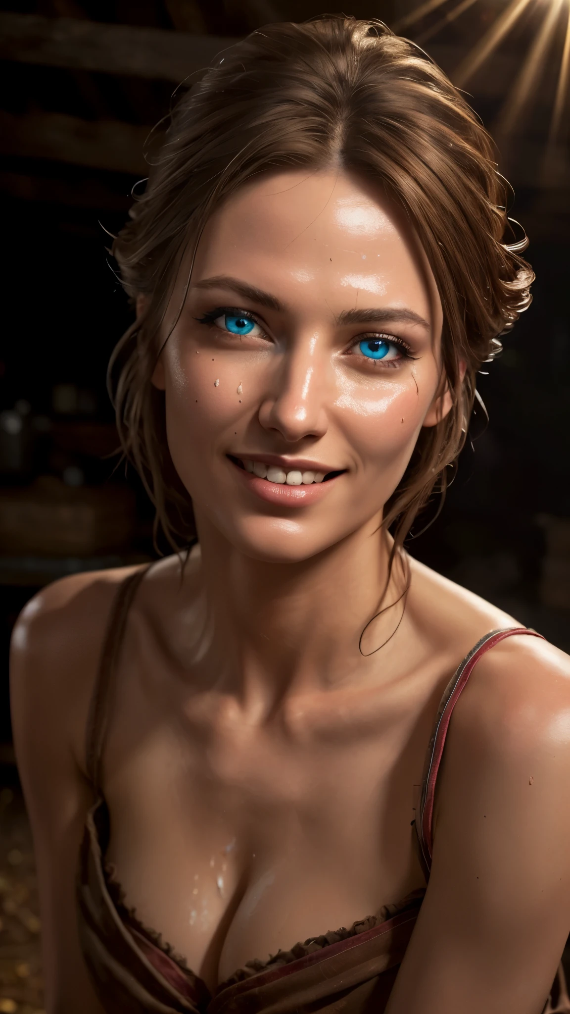 ((((masterpiece, best quality, high resolution)))), Extremely detailed 8K, 1 female, wearing a worn out cowboy outfit, (Ultra HD, Ultra-detailed, Highly detailed, Highly realistic, Ultra-realistic, photograph realistic), (1girl:1.5), (Realistic brown hair), (dynamic poses), facing at camera, looking at viewer, (smiling face), (hazel eyes, sharp eyes), (perky breasts:1.2), (beautiful detailed face, beautiful detailed eyes), sweat, glow, (sunbeam, sunlight), western scene, seductive, EnvyBetterHands LoCon,