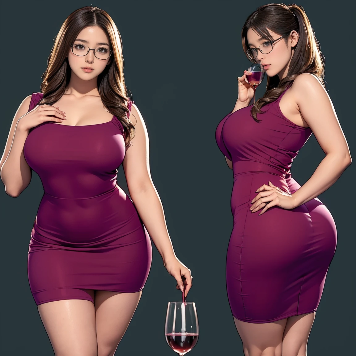 ((masterpiece)),(((highest quality))),((Reference Sheet, Character Design, in front, looking at the viewer , girl with glasses~ ~ in fron to camera, Mr..々Hairstyle, Mr..々Performance, Facial Expressions)), 30-year-old mini vestido ajustado con una copa, big tits, Cute type, (curvy:1.4), (normal ass:1.4), Realistic buttocks, Big Breasts, big , normal thigh, Long legs, It's not a big deal, ((High quality fabric, mini vestido ajustado , panties, zapatos negros), ((holding a glass cup:1.0)) drinking wine from a glass