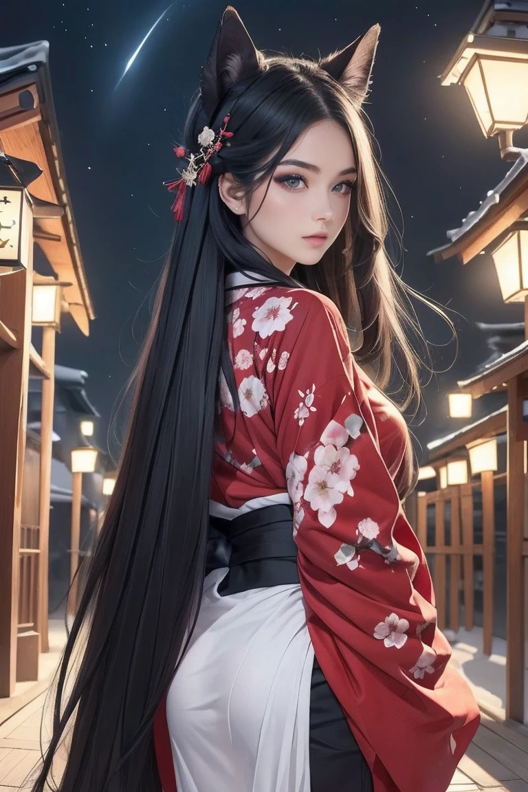 high resolution、beautiful girl、beautiful、Black Hair、Straight Long Hair、Both eyes are red、Japanese style makeup、Black fox ears、Has a black fox tail on his butt、kimono、Red floral kimono、shrine、torii、night、Starry Sky、Fantasy、
