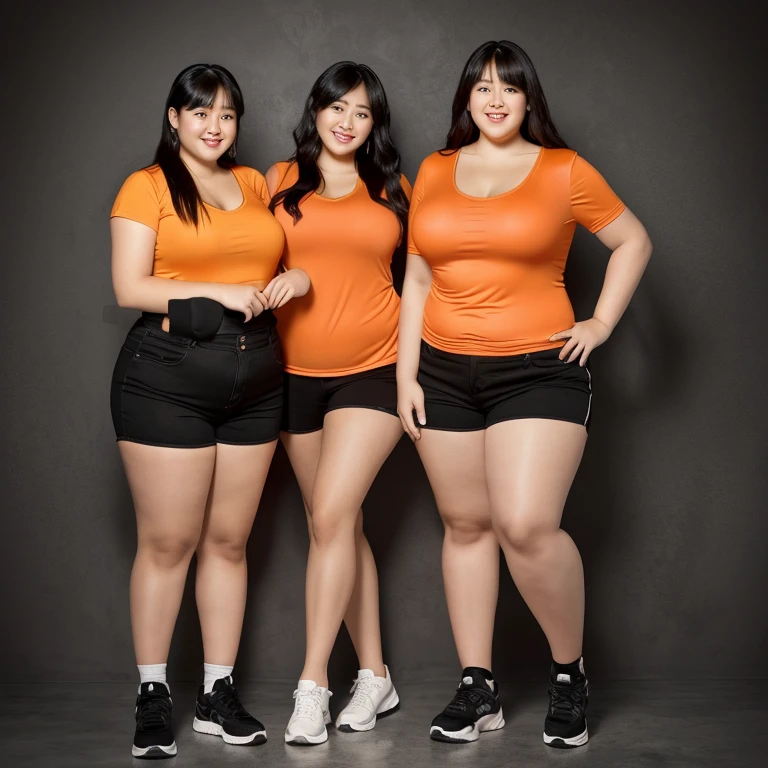 Araped woman wearing an orange shirt standing next to another woman wearing black shorts, Full body wide shot, full body photo, full body photo, Short and sturdy woman, The picture is large, fat ), full body photo, full body photo, full body image, overweight, full body shot, fat 여자, Overall - body and head view, an fat
