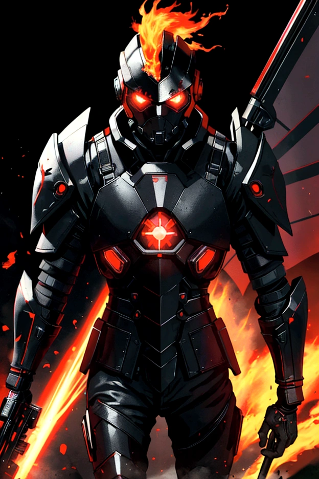black background with aggressive red lights, man in cyber punk style templar armor, tearing up a rainbow flag and setting it on fire