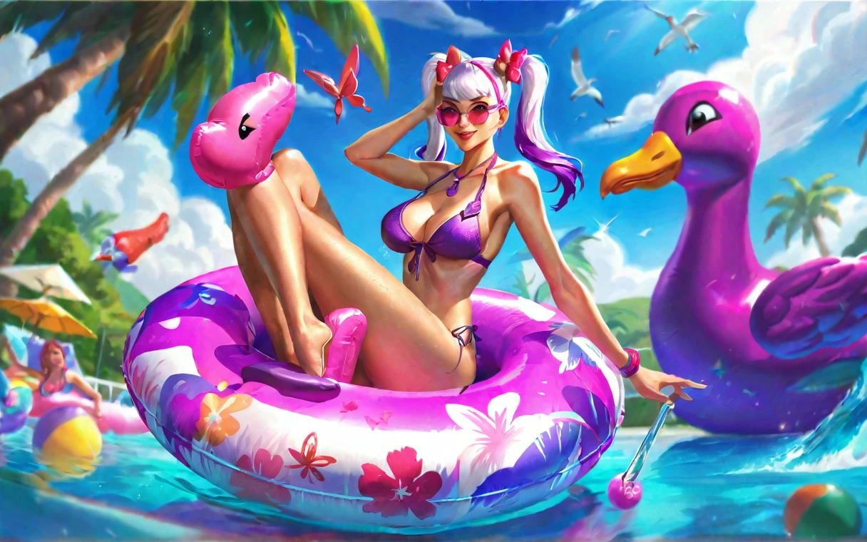 best aesthetic, lolsplashart, pool gwen, 1girl, solo, long hair, breasts, looking at viewer, smile, bangs, large breasts, swimsuit, cleavage, medium breasts, green eyes, pink hair, white hair, twintail, flower, outdoors, butterfly, sky, day, bikini, cloud, tree, water, pedal, blue sky, butterfly wings, purple bikini, pool float, sunglasses, palm tree, beachball, seagull, beach umbrella, ocean waves, a beautiful young woman with long pink hair, wearing a purple bikini and sunglasses, lounging on a pool float in a sparkling blue pool. She is surrounded by tropical flowers and palm trees, and the scene is set against a backdrop of a bright blue sky with fluffy white clouds. The Woman also had pink inflatable arm floaties on her arms that are inflatable. The woman's pose is relaxed and carefree as she floats in the pool, enjoying the sunshine. The colorful flowers, pool float, and her bold purple bikini all contribute to the fun, summery vibe. The overall atmosphere is cheerful and lighthearted, capturing the essence of a perfect poolside day.