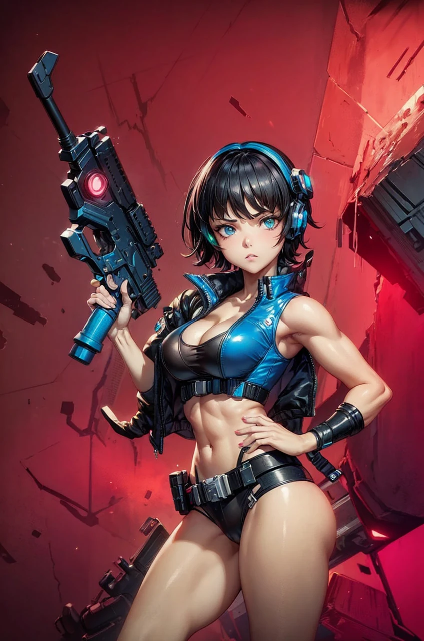 Yuri from The Dirty Pair, , wearing a tight outfit, skimpy, medium breast, (long hair), dark blue hair, beauty, cyberpunk city background, holding retro space-gun, cleavage, slim waist, slim thighs, thigh gap, (light yellow uniform), show belly