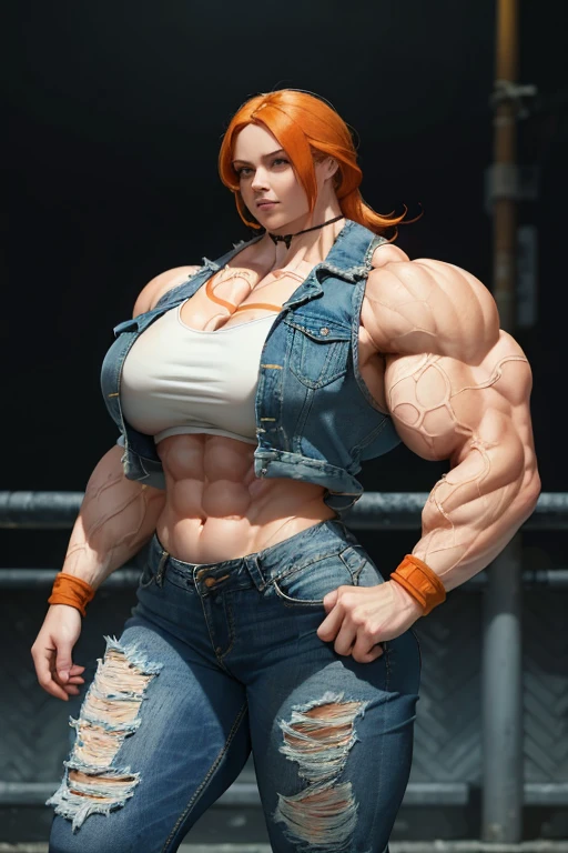 ((((Massive, beautiful, buff, pale white skinned muscular woman with orange hair, ginormous bulky muscles and wearing a sleeved cropped denim jacket and a long denim skirt)))), (close view), massive muscles, hyper muscles, (long shaggy hair), ((cropped tank top)), cropped tank top, green eyes, choker, ((((cropped denim jacket)))), ((long denim skirt)), (gloves), high heel boots, (in a pitch black street), closed smile, night, ginormous muscles