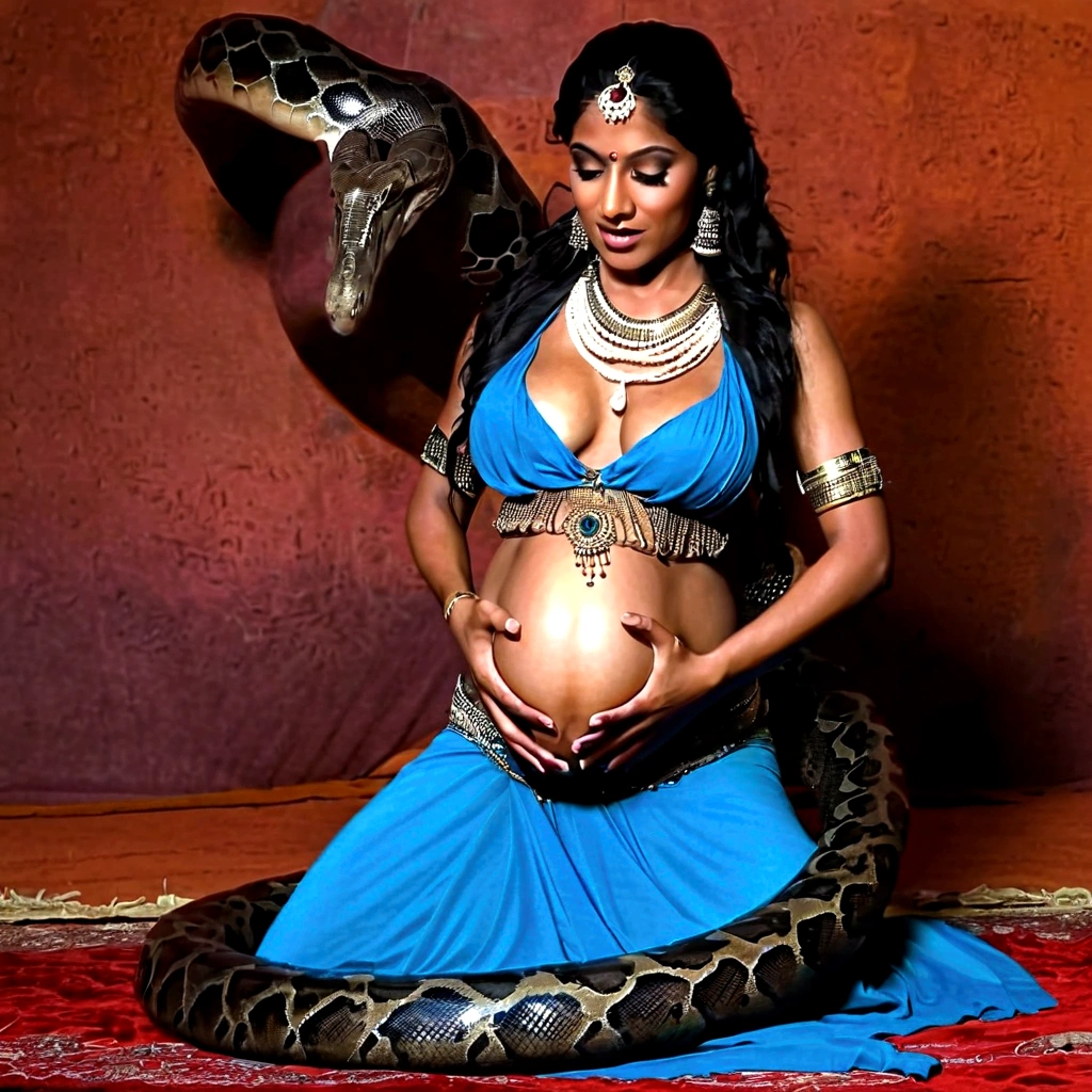 Pregnant Happy Horny, aroused 1girl), beautiful kneeling indian young belly dancer girl with giant colossal black titanboa squeezing her hard, wrapped in thick spiraling coils, constricted, struggle, gasping for air, snake attack, snake peril, moonless night, dim light