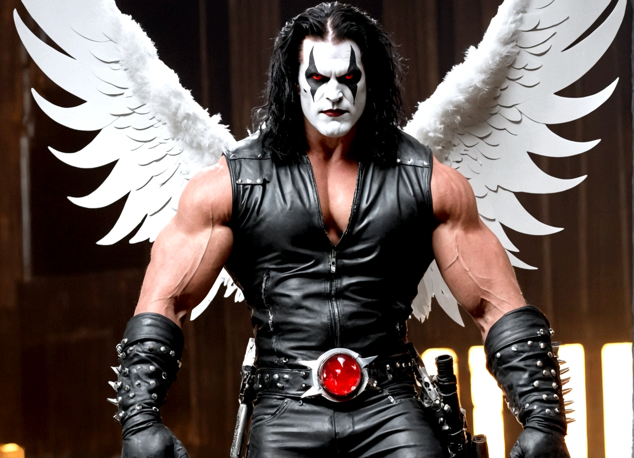 DC comics Lobo (pale white skin, deep red eyes, pitch black mullet and scraggly beard, powerfully muscled, leather space biker outfit with a lot of metal stud trim, huge gun) is wearing angel wings to infiltrate a Christmas play. A bunch of lovely women in angel outfits are trying to avoid Lobo on the stage.
