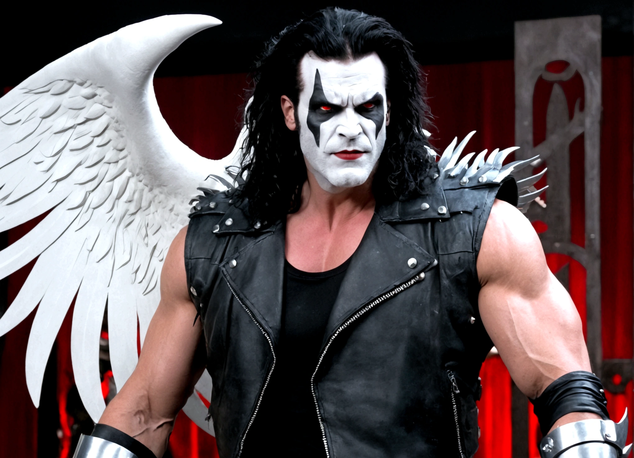 DC comics Lobo (pale white skin, deep red eyes, pitch black mullet and scraggly beard, powerfully muscled, leather space biker outfit with a lot of metal stud trim, huge gun) is wearing angel wings to infiltrate a Christmas play. A bunch of lovely women in angel outfits are trying to avoid Lobo on the stage.
