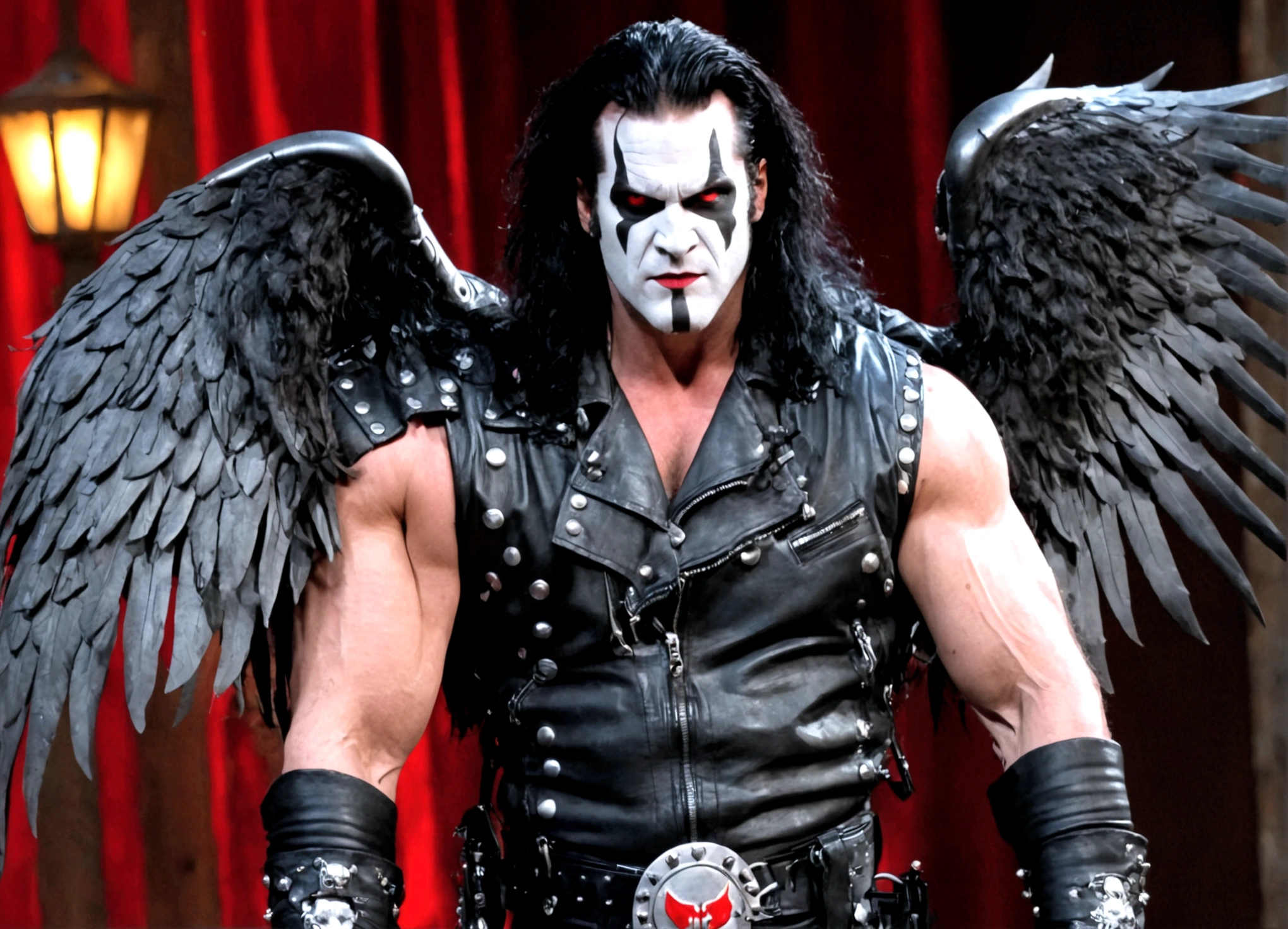DC comics Lobo (pale white skin, deep red eyes, pitch black mullet and scraggly beard, powerfully muscled, leather space biker outfit with a lot of metal stud trim, huge gun) is wearing angel wings to infiltrate a Christmas play. A bunch of lovely women in angel outfits are trying to avoid Lobo on the stage.