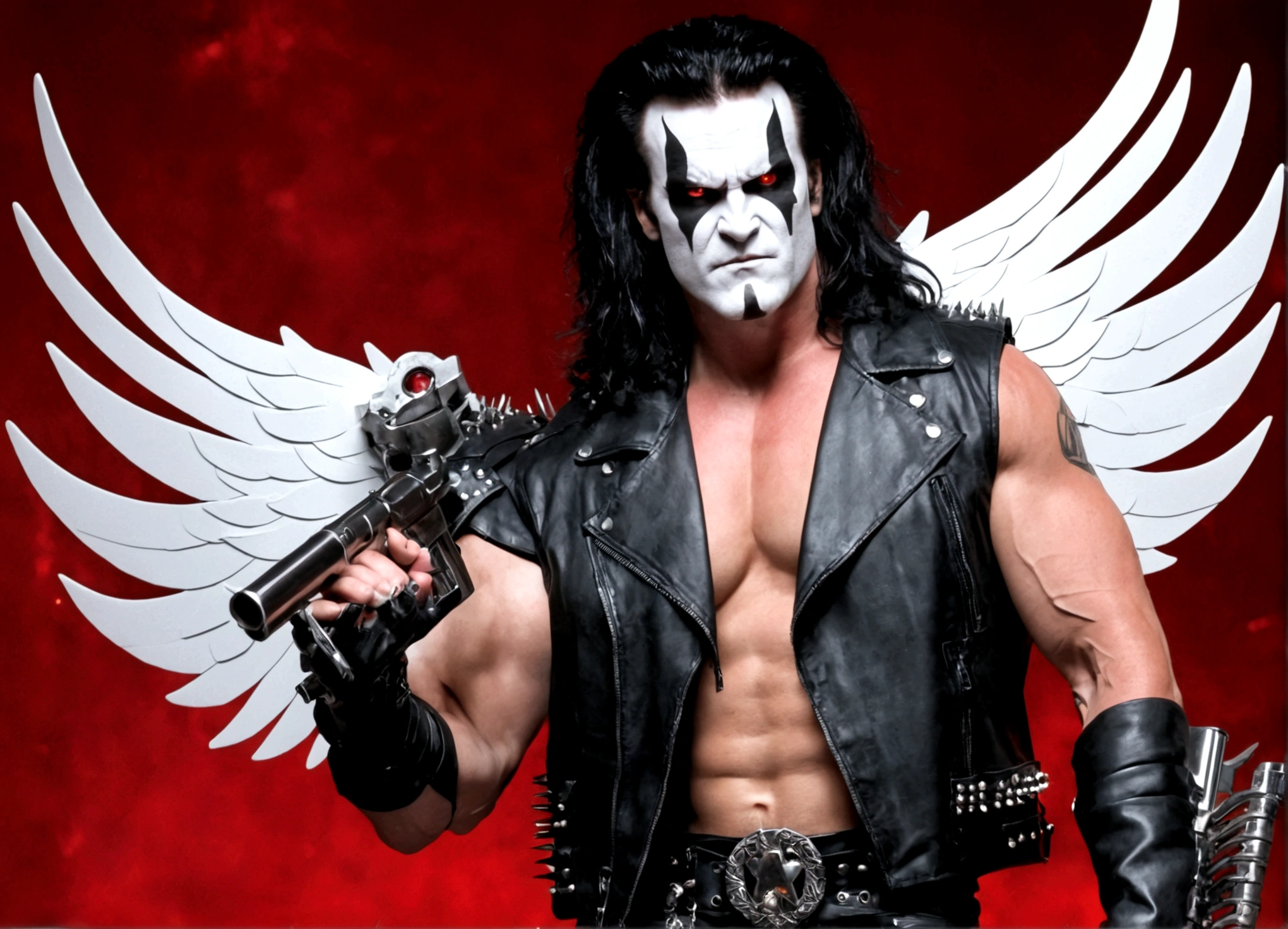 DC comics Lobo (pale white skin, deep red eyes, pitch black mullet and scraggly beard, powerfully muscled, leather space biker outfit with a lot of metal stud trim, huge gun) is wearing angel wings to infiltrate a Christmas play. A bunch of lovely women in angel outfits are trying to avoid Lobo on the stage.
