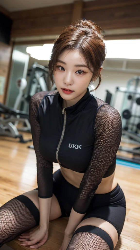 Highly detailed CG Unity 8K wallpapers,top Quority,Super detailed,tmasterpiece,realisticlying,photograph realistic,Very detailed cute girl,25 age old,musculature,Microabs,Round eyes,peeping at the viewer,Be red in the face,parted lip,Half-body shooting,
track suit , gym room,