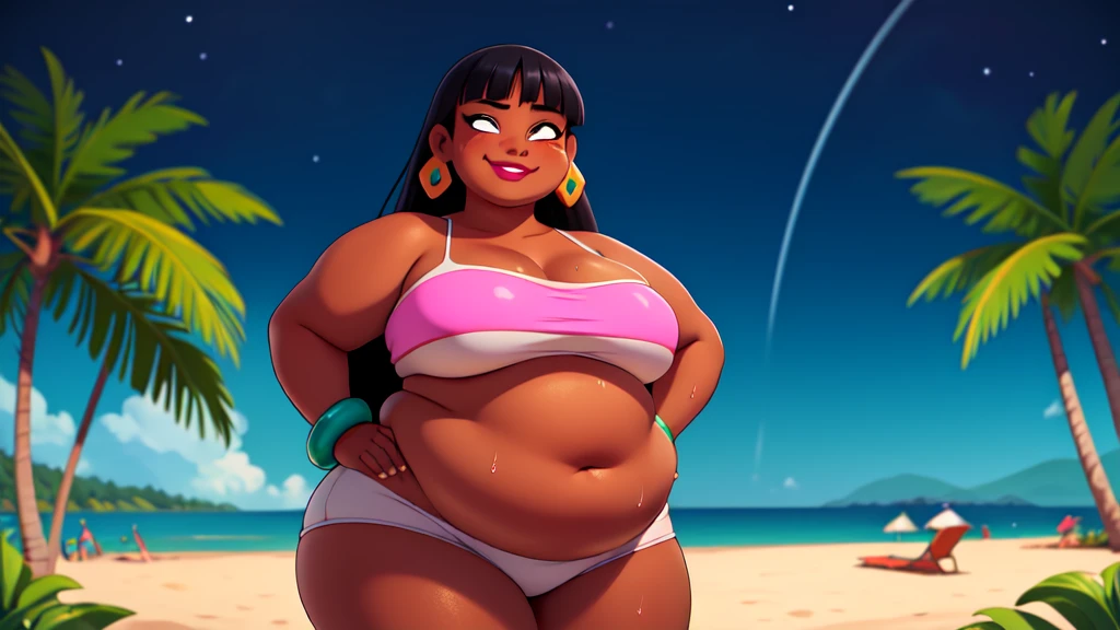 (work of art:1.2, best qualityer:1.2), SSBBW, Giant , thunder thighs, soft, 1 girl, standing alone, Chel, Bblack hair, long hair, rhombus stripe, eyes browns, darkskin, lipstick, breastsroad Hips, top of the tube, neckleace, bared shoulders, emerald earrings, emerald bracelets, looking at the camera with a smug expression on his face, beach background, very large body, fat belly rolls, big breasts, sfat arms, thur thighs, super fat, looking at viewer, wet clothes, sweating very hard, sexy looking, blob, night be, céu estrelado, night, dark ambient