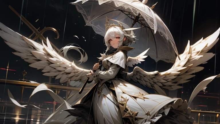 magician,White Dress,Angel Wings,Big umbrella,Rapier,heavy rain,destruction,Crazy,darkness,smile,I&#39;m sick,Masquerade Mask,human_no,droid,Deus Ex Machina,Light effects,Persona,horror style,artistic,rearistc,Black and grey world,perfect face,perfect face,dark fantasy,Shields float in the air around her.,