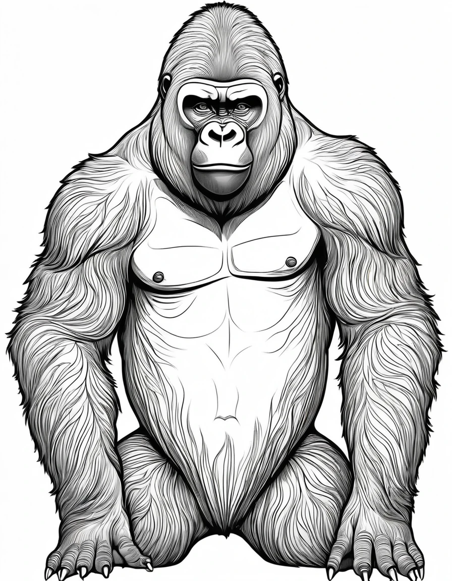Children's gorilla, black and white outline art, all white coloring pages, white background
