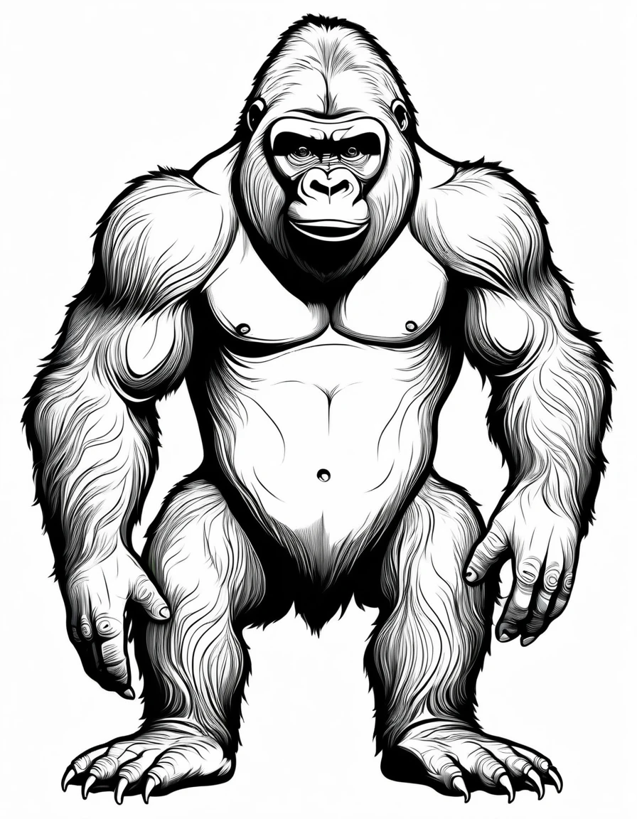 Children's gorilla, black and white outline art, all white coloring pages, white background