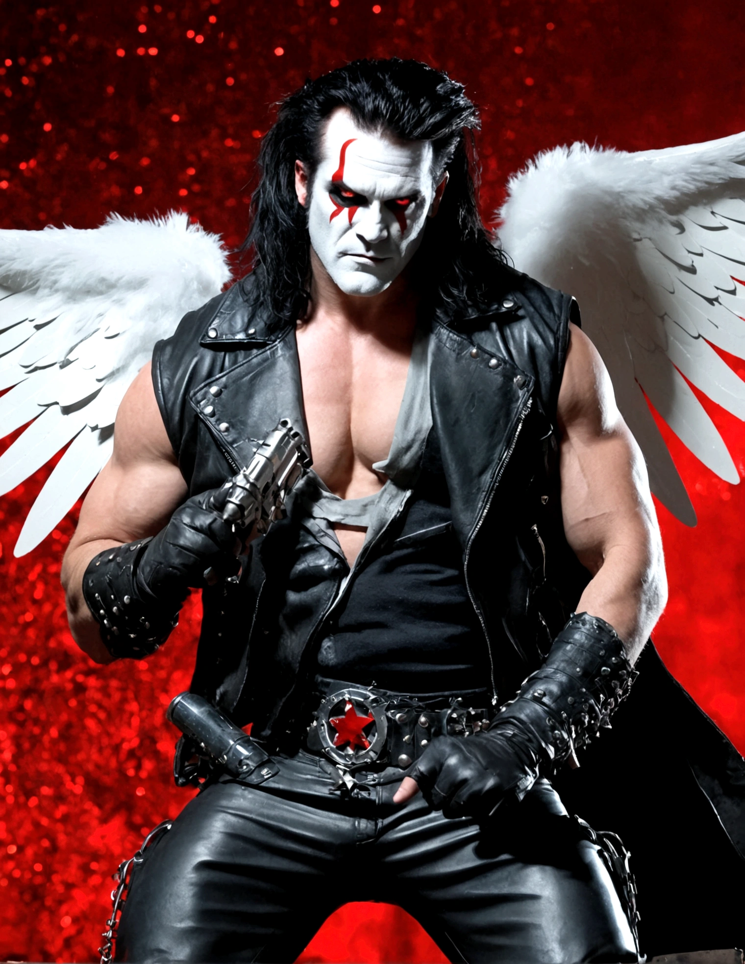 DC comics Lobo (pale white skin, deep red eyes, pitch black mullet and scraggly beard, powerfully muscled, leather space biker outfit with a lot of metal stud trim, huge gun) is wearing angel wings to infiltrate a Christmas play. A bunch of lovely women in angel outfits are trying to avoid Lobo on the stage.
