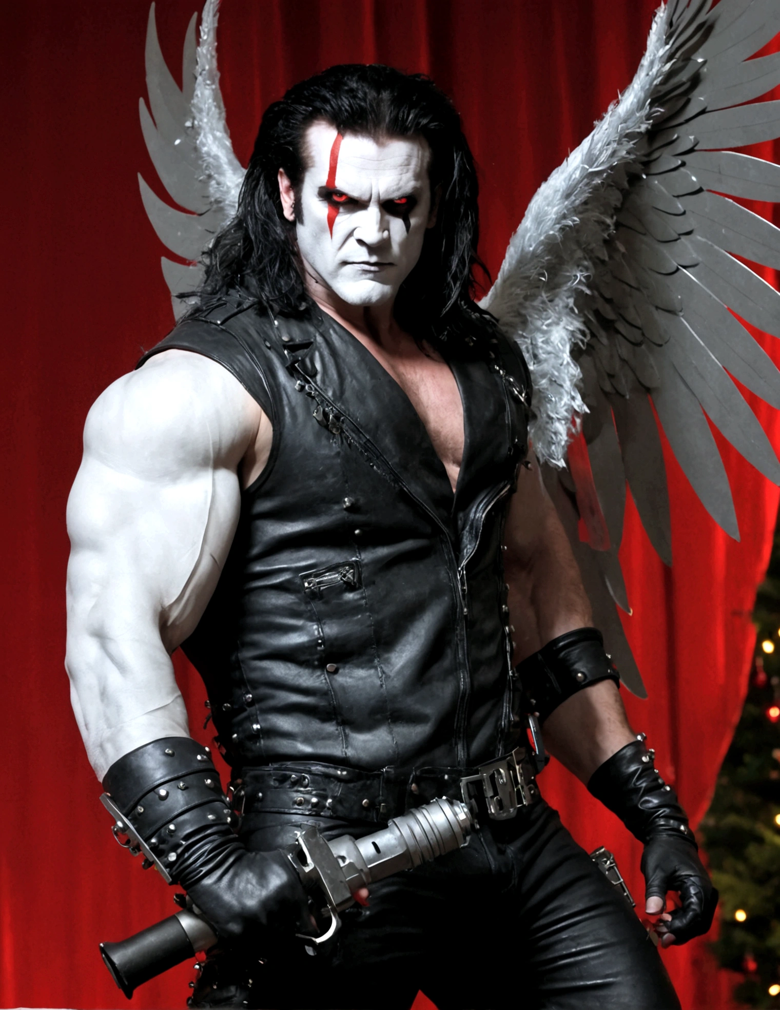 DC comics Lobo (pale white skin, deep red eyes, pitch black mullet and scraggly beard, powerfully muscled, leather space biker outfit with a lot of metal stud trim, huge gun) is wearing angel wings to infiltrate a Christmas play. A bunch of lovely women in angel outfits are trying to avoid Lobo on the stage.